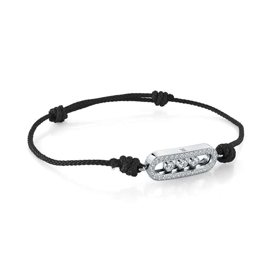 TRIPLE CZ SILVER/BLACK ADJUSTABLE CORD BRACELET