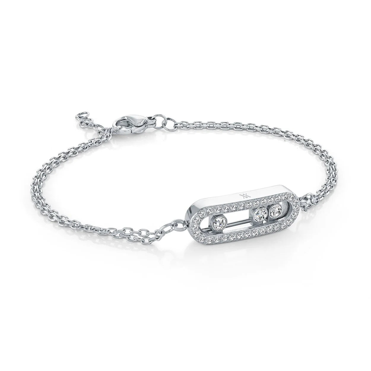 TRIPLE CZ SLIDER STONE DOUBLE CHAIN BRACELET