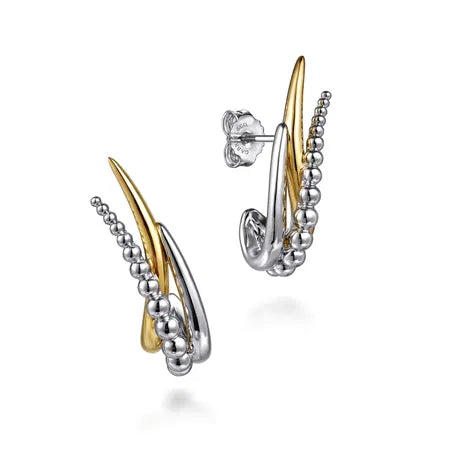 925 Sterling Silver and 14K Yellow Gold Bujukan Criss Cross Spiked J Hoop Earrings