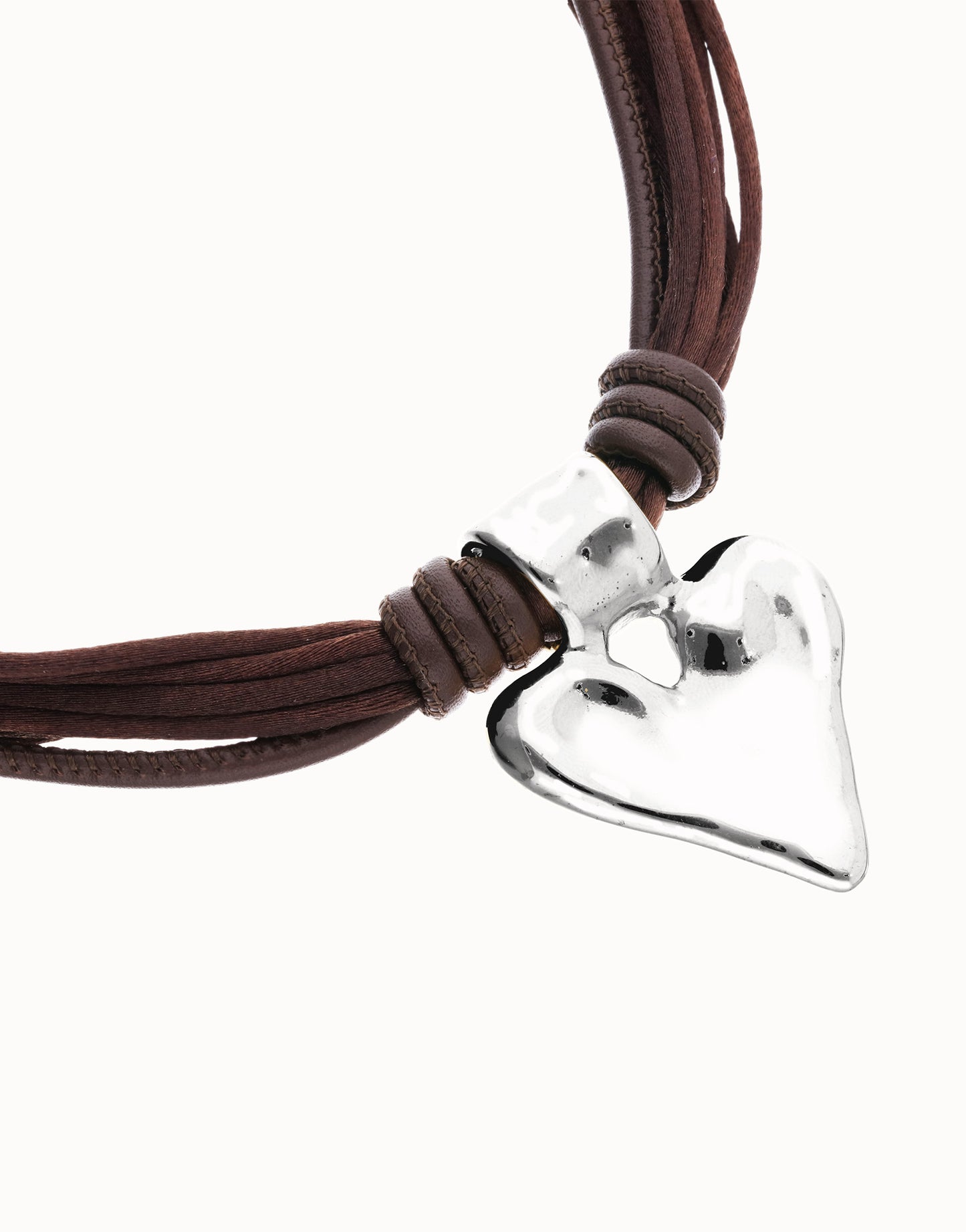 Brown leather and silk thread necklace with heart detail