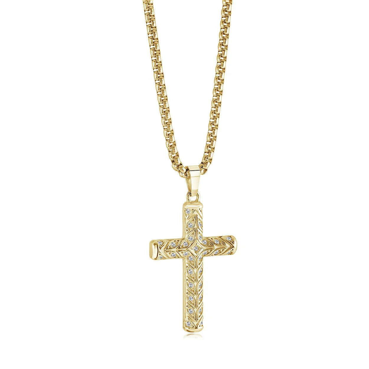 GOLD-IP-S.STEEL WHITE-CZ DECO-CROSS 22"-NECKLACE