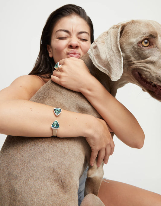 Bangle bracelet with two multicolored crystals