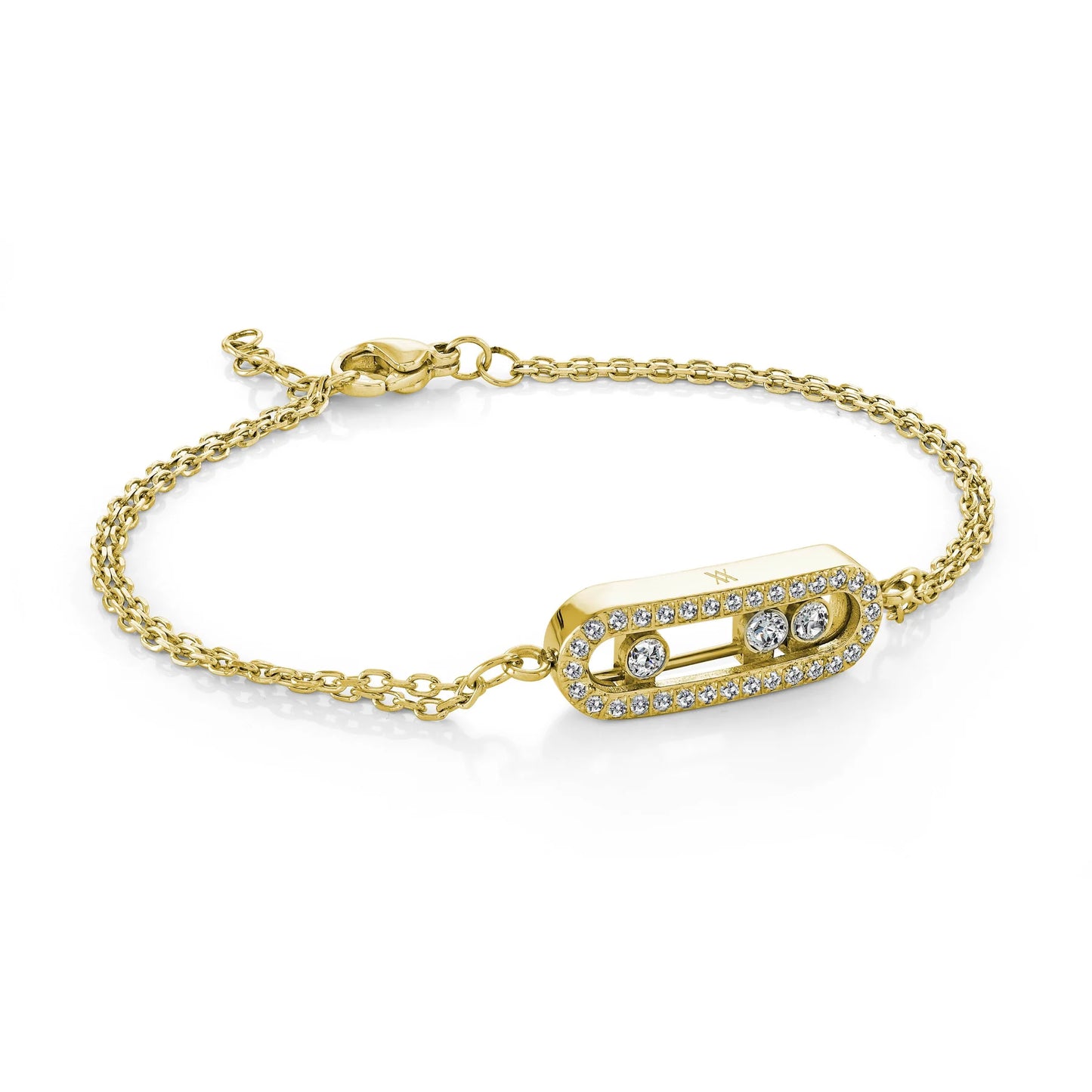 TRIPLE CZ SLIDER STONE GOLD DOUBLE CHAIN BRACELET