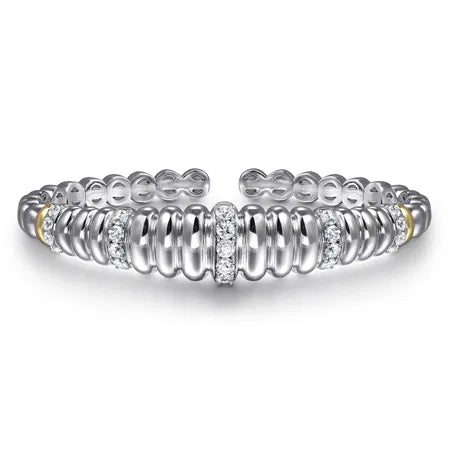 14K Yellow Gold and 925 Sterling Silver Bujukan White Sapphire Scallop Open Bangle Bracelet