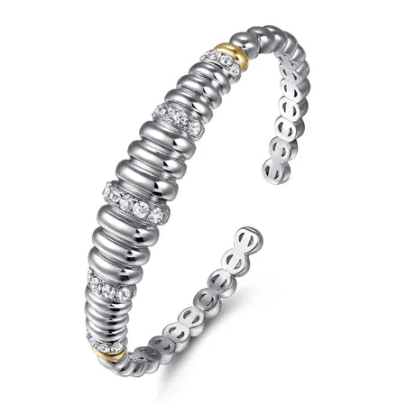 14K Yellow Gold and 925 Sterling Silver Bujukan White Sapphire Scallop Open Bangle Bracelet