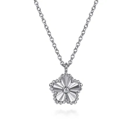 925 Serling Silver Diamond Bujukan Frame Flower Diamond Cut Pendant Necklace