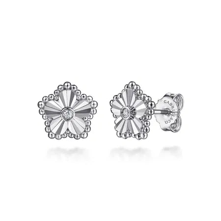 925 Serling Silver Diamond Bujukan Frame Flower Diamond Cut Stud Earrings