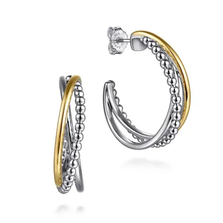 925 Sterling Silver and 14K Yellow Gold Bujukan Multiple Row J Hoop Earrings