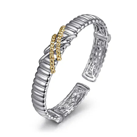 925 Sterling Silver and 14K Yellow Gold Bujukan Shrimp Criss Cross Bangle Bracelet