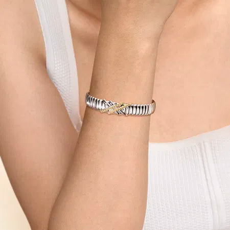 925 Sterling Silver and 14K Yellow Gold Bujukan Shrimp Criss Cross Bangle Bracelet