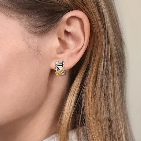 925 Sterling Silver and 14K Yellow Gold Bujukan Shrimp Criss Cross J Hoop Earrings