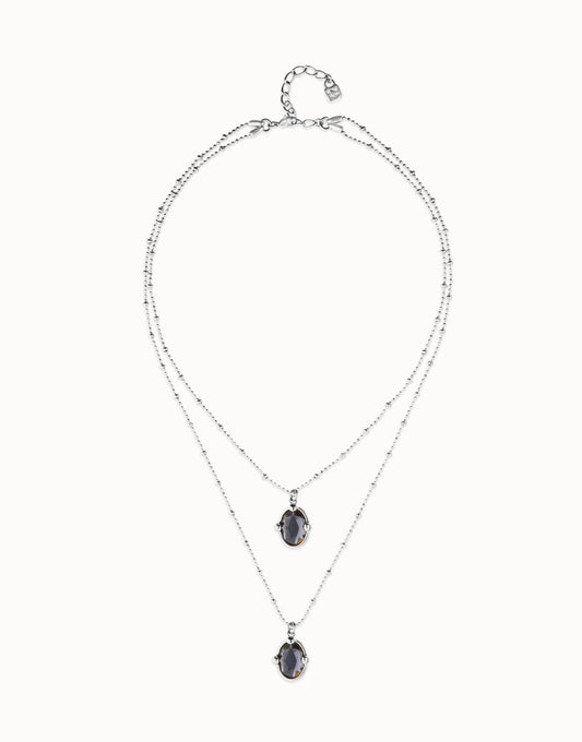 Multi strand necklace Silver with two black oval faceted crystals