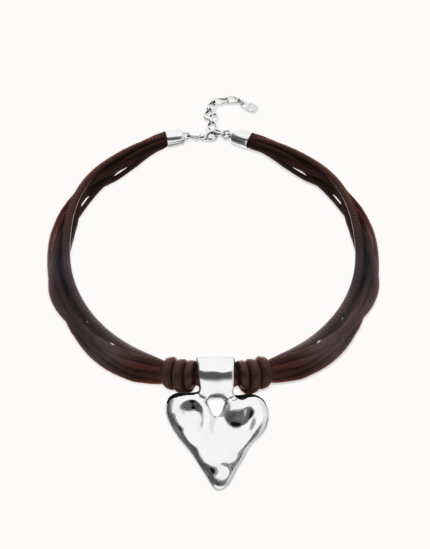 Brown leather and silk thread necklace with heart detail