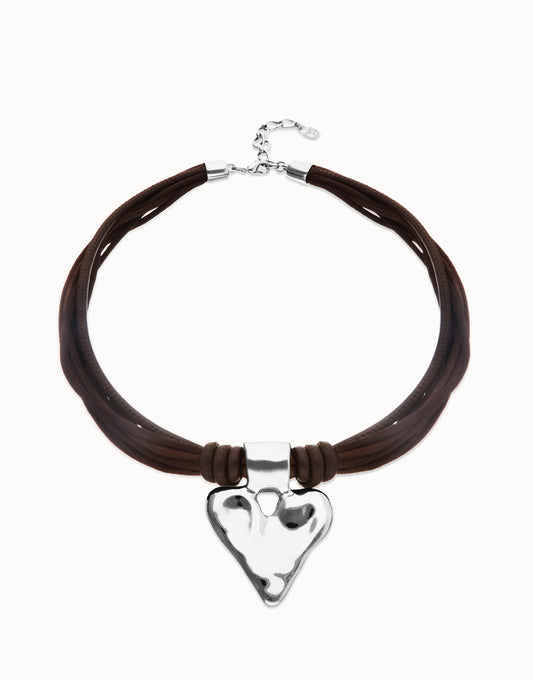 Brown leather and silk thread necklace with heart detail