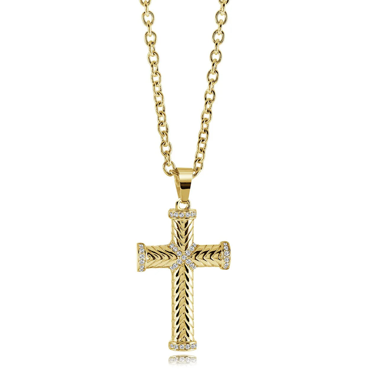 GOLD-IP-S.STEEL CHEVRON-CROSS WHITE-CZ PENDANT 20"-NECKLACE