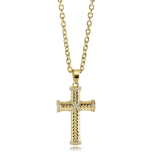 GOLD-IP-S.STEEL CHEVRON-CROSS WHITE-CZ PENDANT 20"-NECKLACE