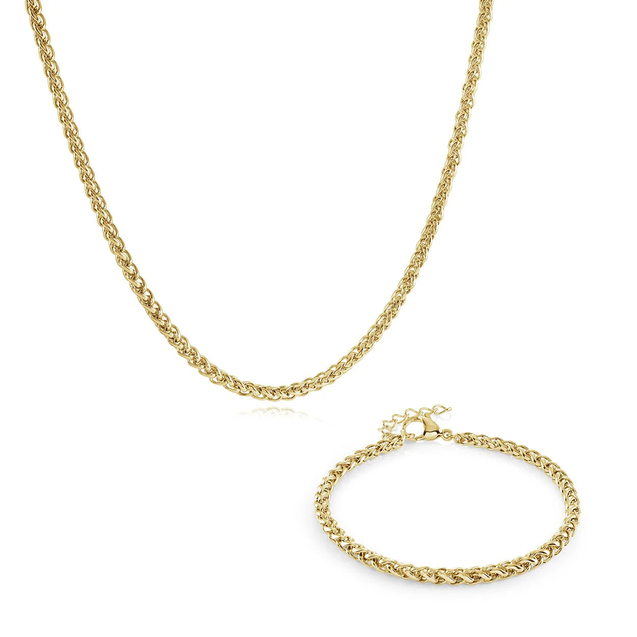 GOLD-IP-S.STEEL 3MM-WHEAT 6+1"-BRACELET &-16+2"-CHAIN SET