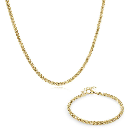 GOLD-IP-S.STEEL 3MM-WHEAT 6+1"-BRACELET &-16+2"-CHAIN SET