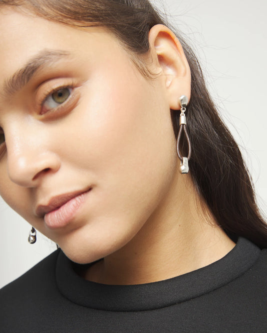 Drop leather earrings with sphere detail