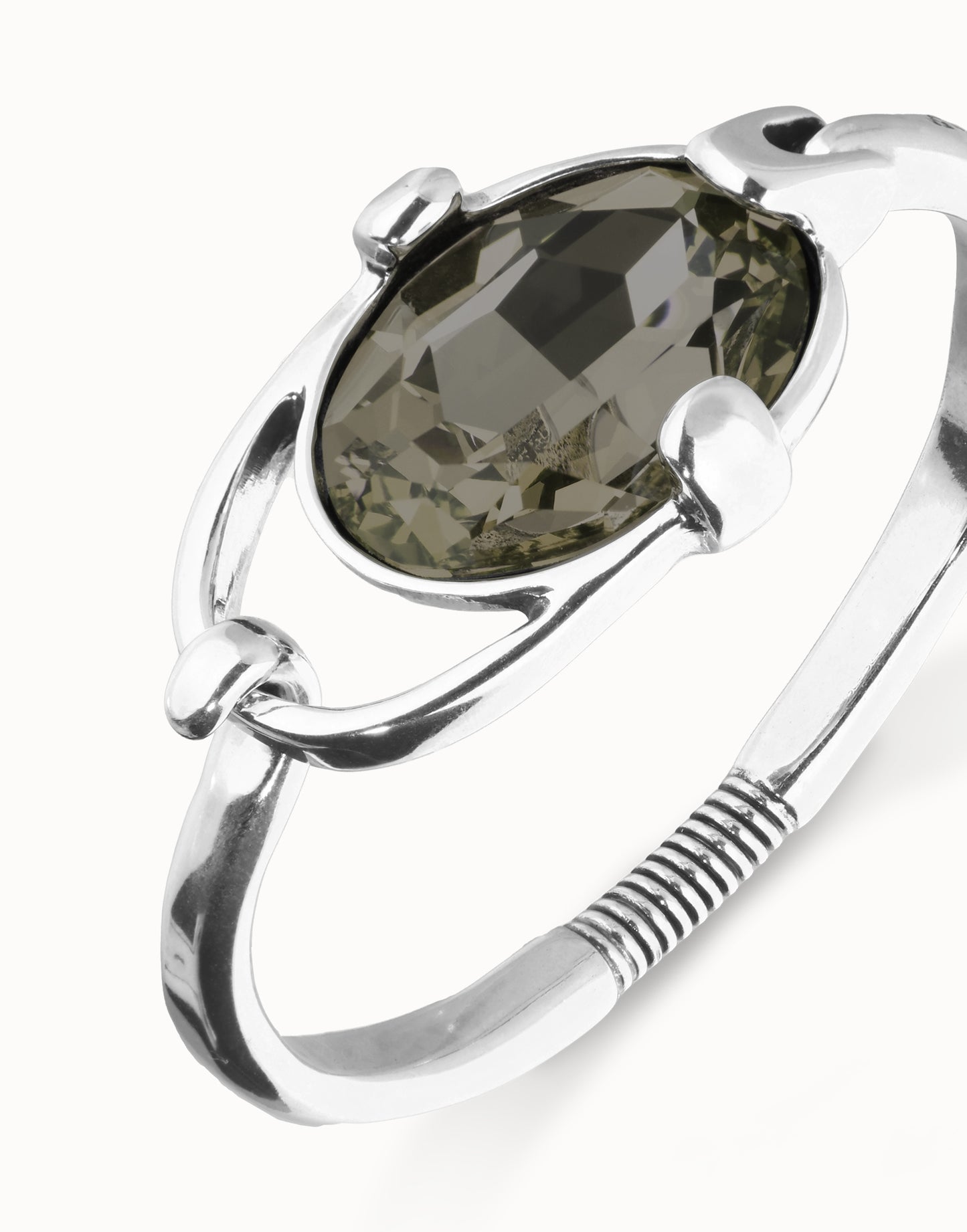 Bangle bracelet with oval faceted gray crystal silver