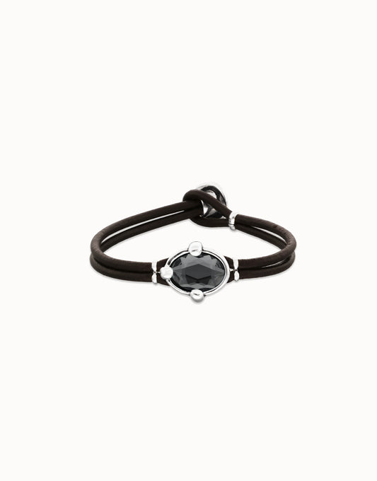 Leather bracelet with faceted black oval crystal