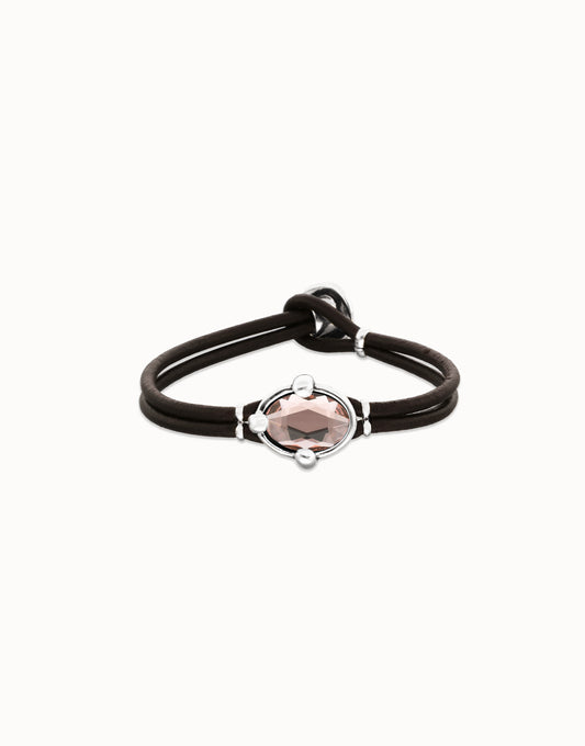 Leather bracelet with pink oval faceted crystal