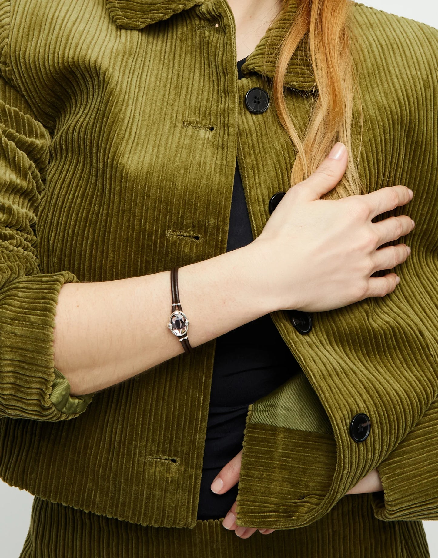 Leather bracelet with pink oval faceted crystal