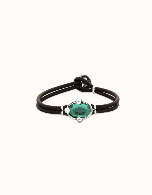 Leather bracelet with green oval faceted crystal